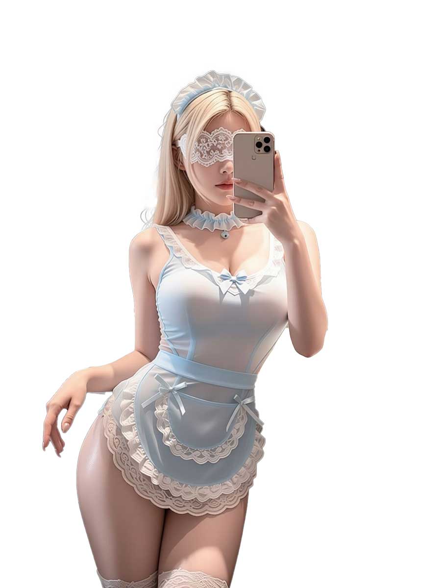 Lace Teddy Lingerie - Jimiko, blauw-witte kanten teddybody, mouwloze lingeriejurk